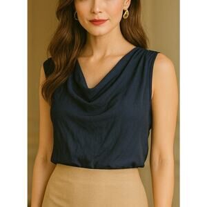 Rebecca Taylor Quiet Luxury Satin Sleeveless Cowl Neck Blouse 4 Navy Blue Career